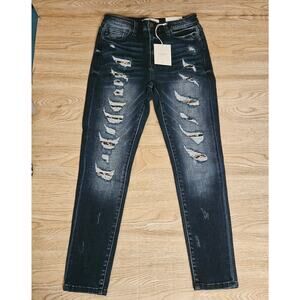 NEW KanCan Skinny Stretch Jeans Dark Blue Wash Distressed High Rise Size 11/29